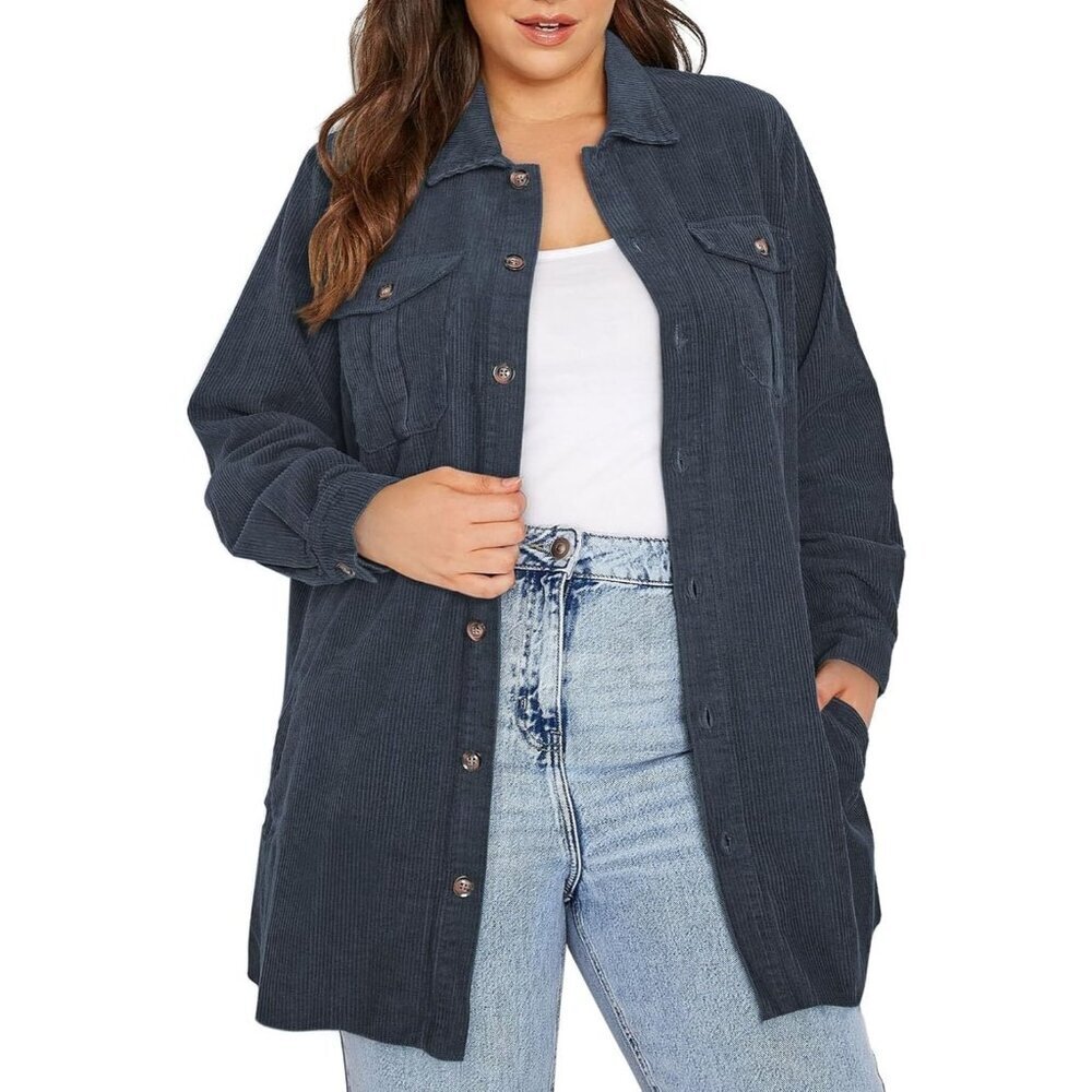 Womens Navy Blue Plus Size Plaid Shacket Long Sleeve Button Down Casual Jacket